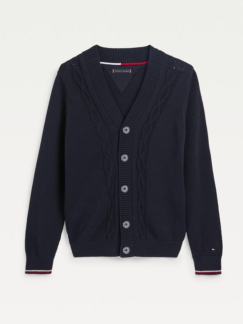 Fiú Tommy Hilfiger Organic Pamut Cable Cardigan Pulóver Sötétkék | HU 2220XYU